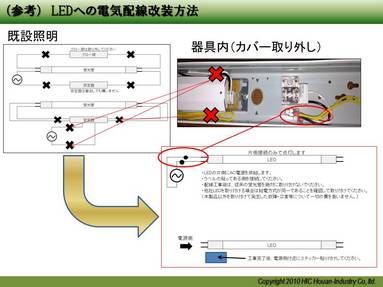  （クリックにて拡大）  
 
安定器の回路を切り離し直接ＬＥＤに電気が入る方法となります。図面だけではと思う方に配線要領を動画でもまとめてみました。 
 
  