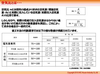 空気比が極端に低いと不完全燃焼による煙の発生や、ボイラー効率の低下、最悪失火などの機械的なトラブルになる事もあるので、空気比は高めに設定されている場合がほとんどです。逆に空気比が高い、つまり空気量が多すぎると燃焼に必要以上の空気を暖めてしまうために燃料消費量が増加してしまいます。 
この空気比と省エネの関係は次回の話題としまして今回はどうしたら空気比が分かるか、空気比の測定方法をご紹介します。 
 
 
空気比の求め方はいろいろとありますが、前述のとおりである一般的な廃ガス内の酸素濃度を測定する方法をご紹介します。 
測定機器はポータブル型の廃ガス測定器でボイラーの煙突にある廃ガス測定孔より専用のプローブを挿入して測定します。O2濃度が表示されますので計算式から空気比を割り出します。 
